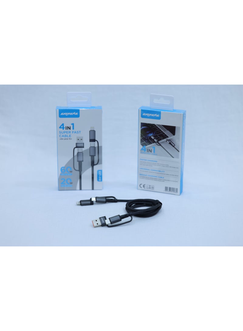 إكستريم كابل EXTREME فائق السرعة 4 في 1 للشحن مع Type-C بقدرة 60 واط ولايتنينج 20 واط – EXT-310 - Image 2